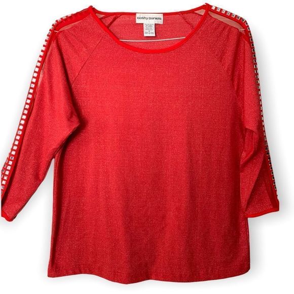 Cathy Daniels Sparkly Red 3/4 Sleeved Top S (A-037) - Picture 1 of 6